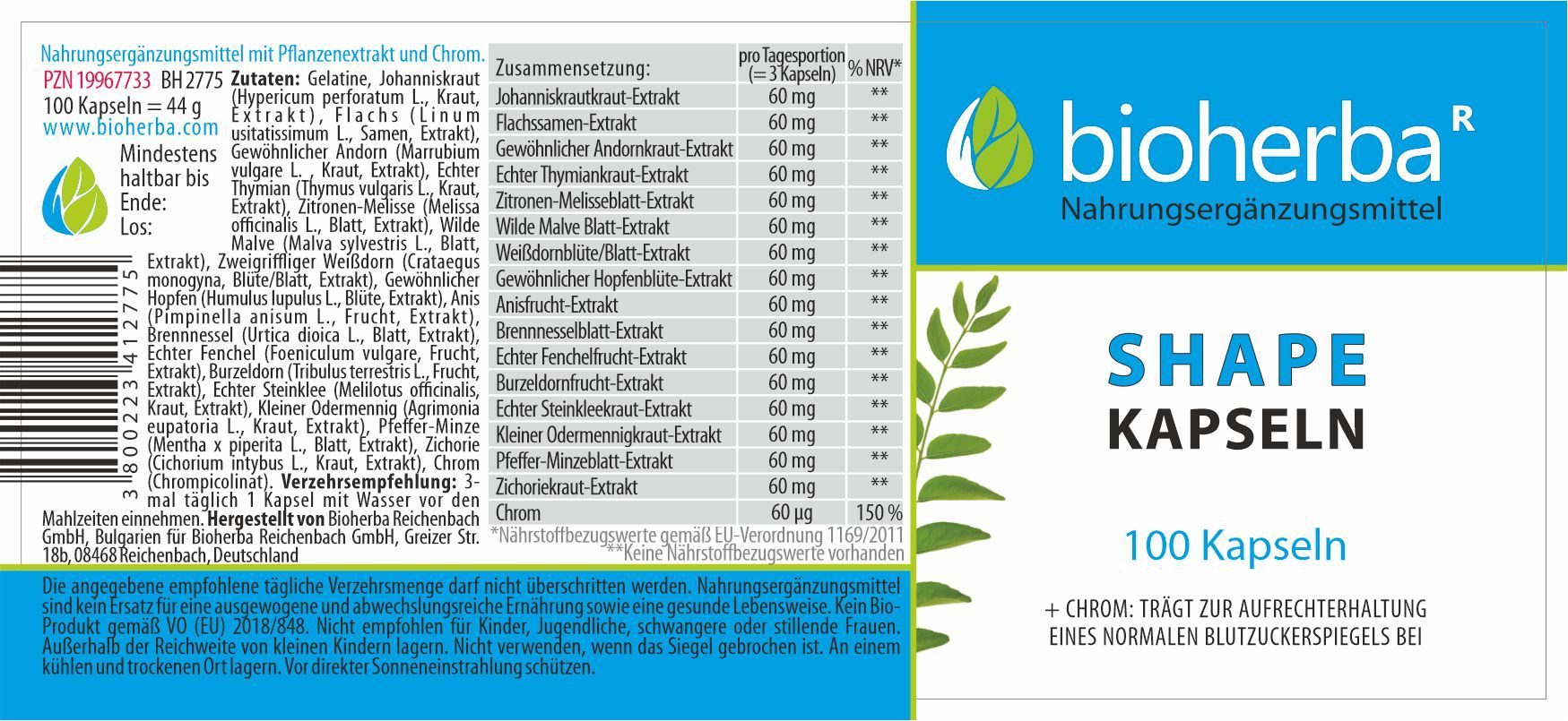 Produktverpackung mit Text. Enthält Informationen zu Inhaltsstoffen und Nährwertangaben. Marke: Bioherba, Produkt: Shape Kapseln.
