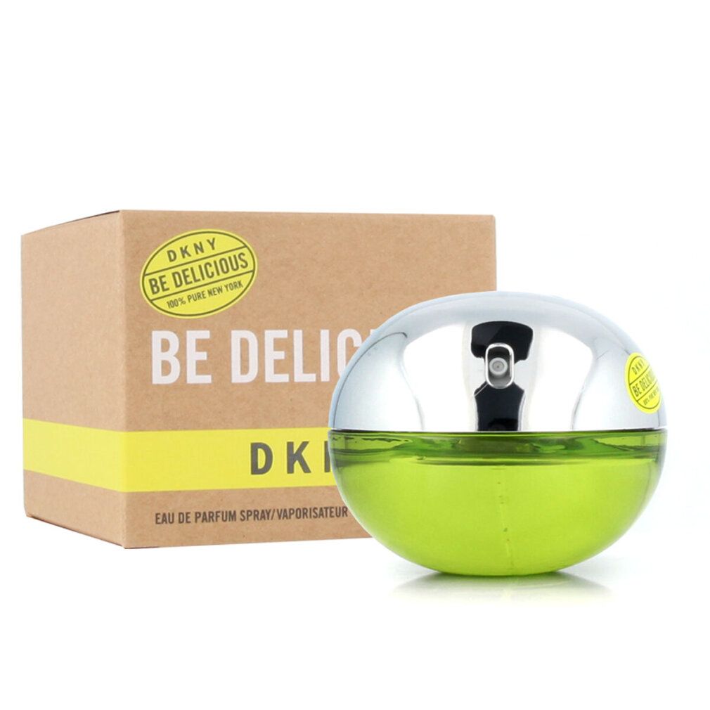 Runder Flakon mit silberfarbenem Deckel und gelb-grüner Flüssigkeit. Karton daneben. Aufschrift: DKNY Be Delicious.