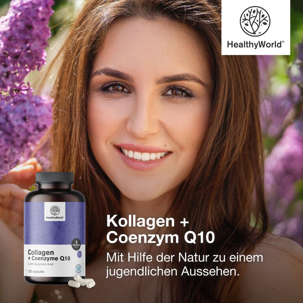 Produktabbildung mit Flasche und Kapseln. Text: Kollagen + Coenzym Q10. Logo HealthyWorld. Frau lächelt. Text: Jugendliches Aussehen.