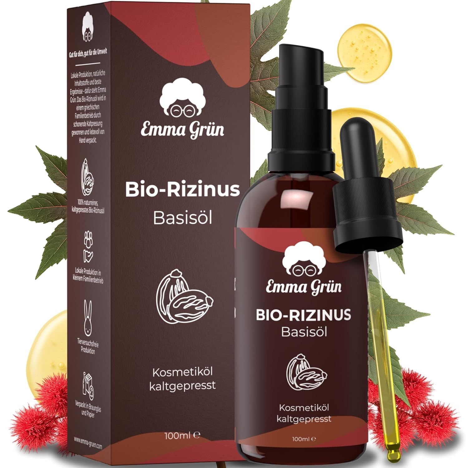 Braune Flasche und Verpackung mit Produktinformationen. Aufschrift: Emma Grün Bio-Rizinus Basisöl. Kaltgepresstes Kosmetiköl.