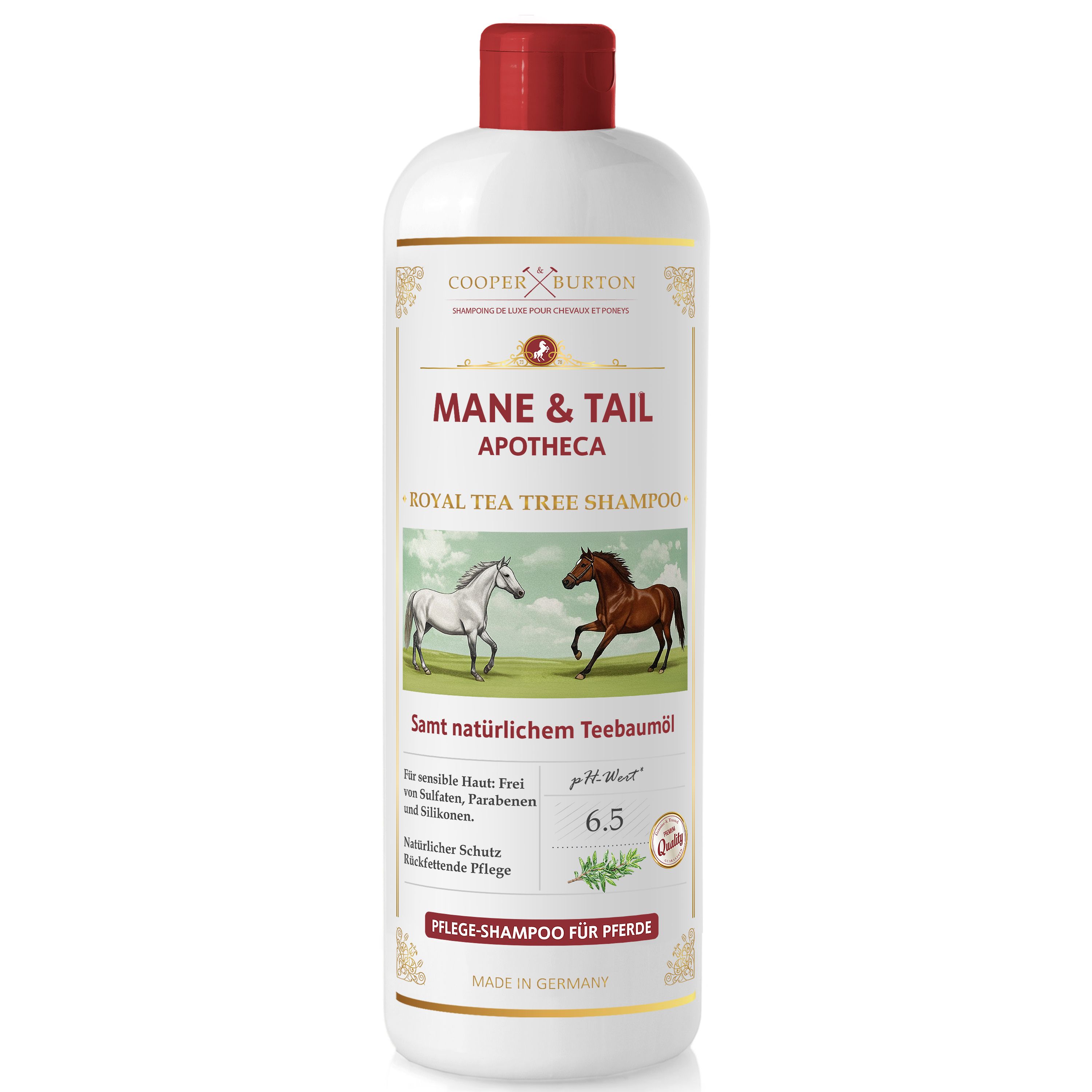 Flasche: COOPER & BURTON Mane & Tail Apotheca Royal Tea Tree Shampoo. Weiß, roter Deckel. Pferde-Abbildung. pH-Wert 6,5. Made in Germany.