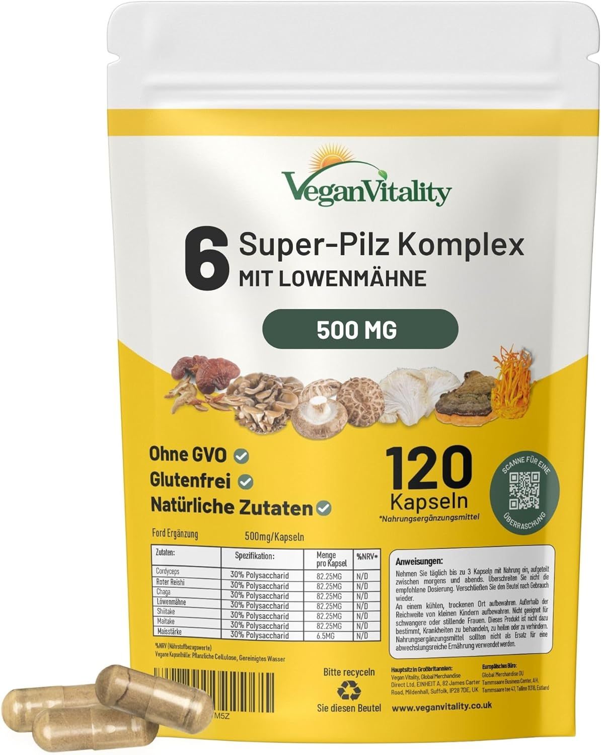 Vegan Vitality 6 Super Pilz Complex Kapseln