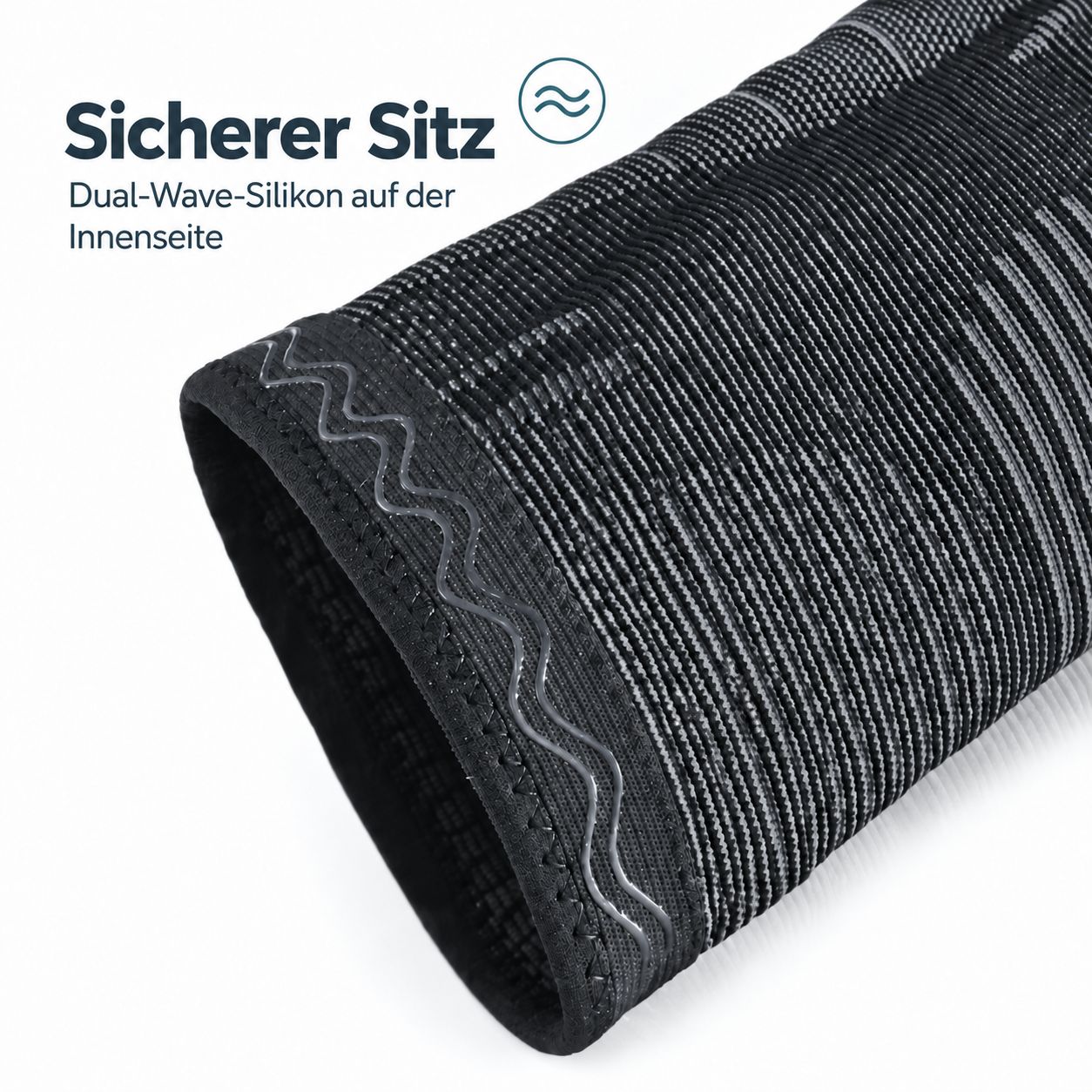 Detailansicht Kniebandage: Innenseite mit Dual-Wave-Silikonstreifen für sicheren Halt. Gestricktes Material mit Rillen.