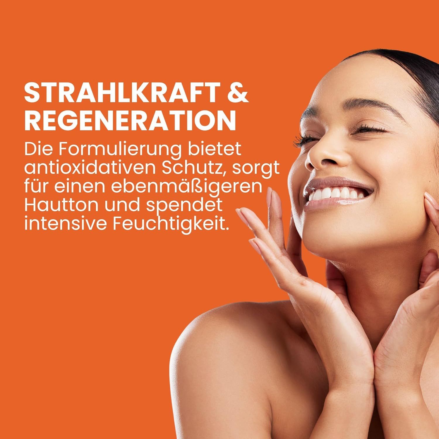 Frau berührt ihr Gesicht. Text: Strahlkraft & Regeneration. Die Formulierung bietet antioxidativen Schutz, sorgt für einen ebenmäßigeren Hautton.