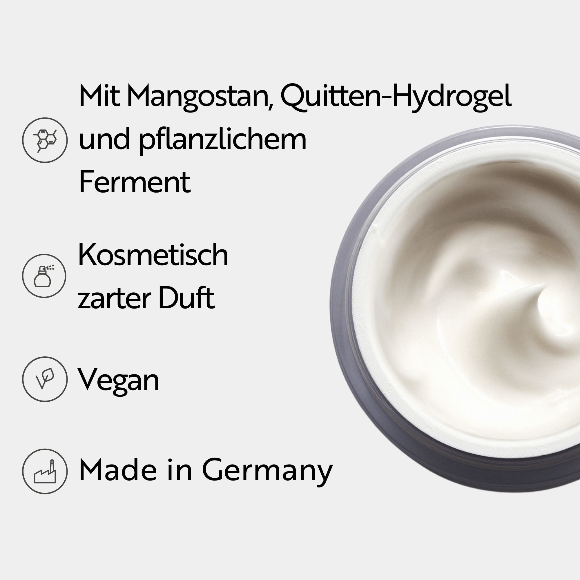 Creme-Inhaltsstoffe. Text: Mit Mangostan, Quitten-Hydrogel und pflanzlichem Ferment. Vegan.