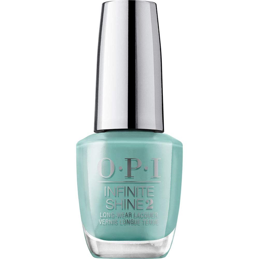 OPI Nagellacke Infinite Shine 2 Flasche. Türkisfarbener Lack mit silberner Kappe. Produktname sichtbar.