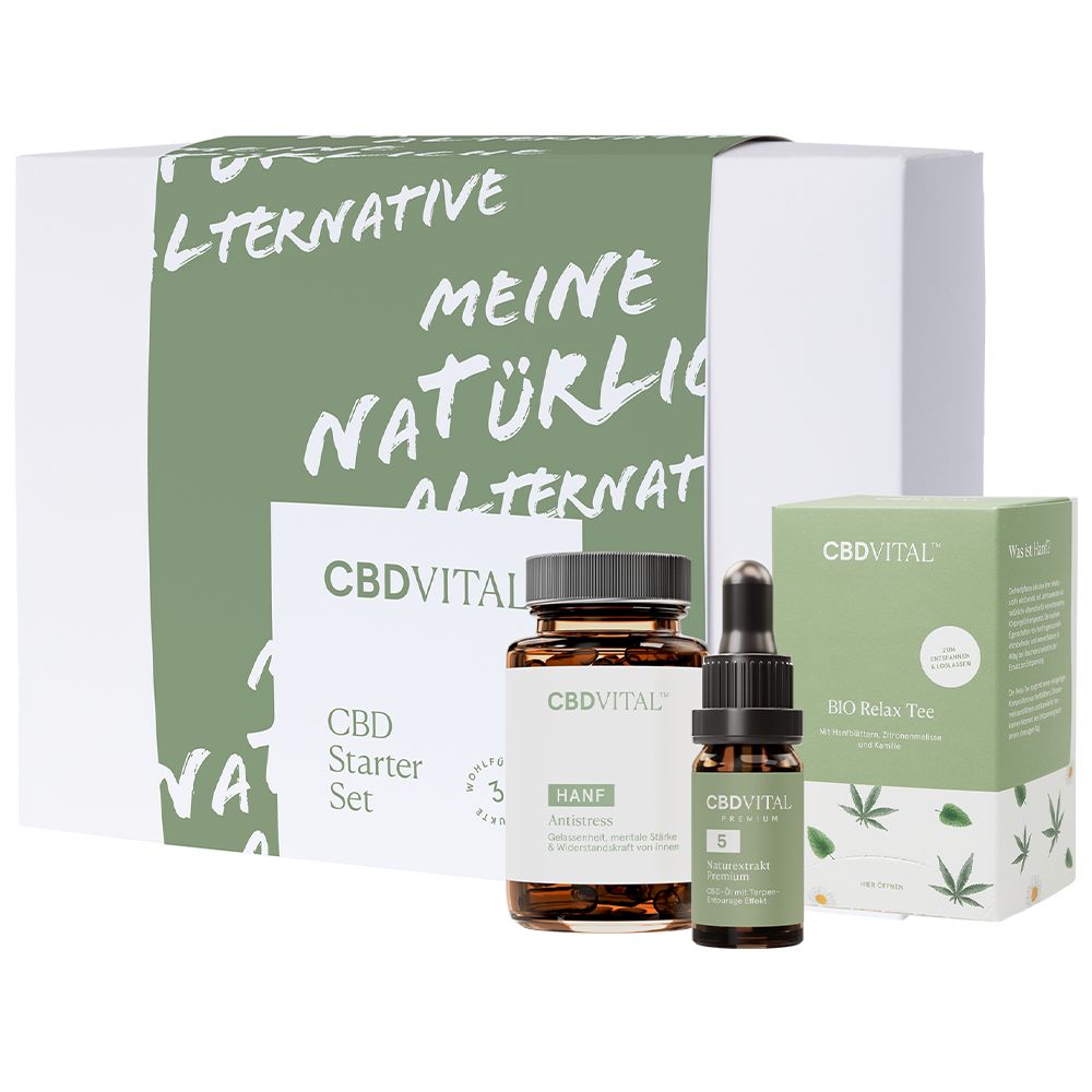 Geschenkset mit CBD-Produkten. Enthält Flaschen und eine Teebox. Verpackung mit Schriftzug 'CBD VITAL'.