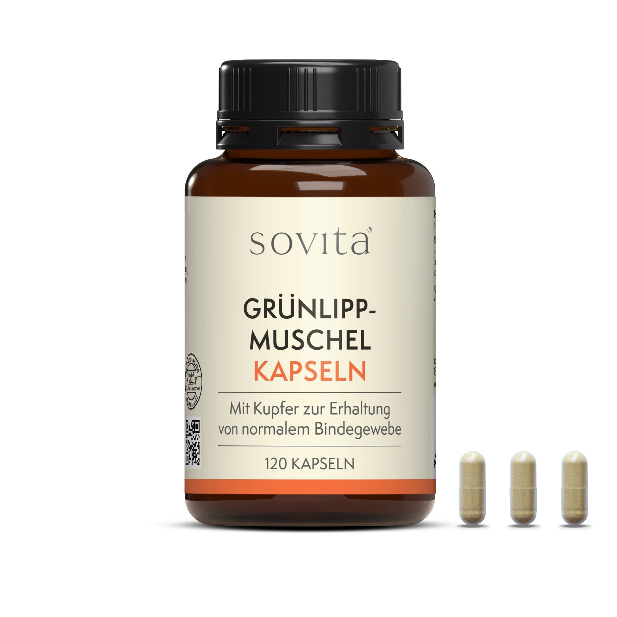 Braune Flasche mit schwarzen Deckel. Aufschrift: Grünlippmuschel Kapseln. 120 Kapseln. 3 Kapseln daneben.