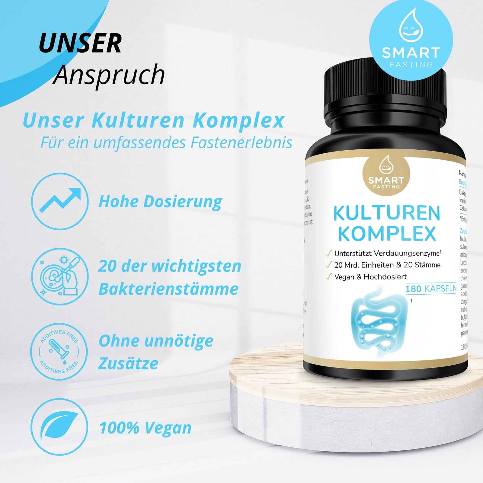 Smart Fasting® Probiotika Kulturen Komplex - vegan - 20 Bakterienstämme - mit Calcium & Inulin