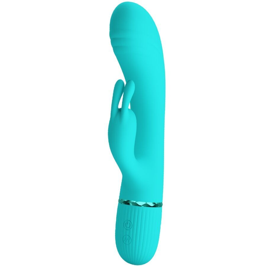 Türkiser Rabbit-Vibrator aus Silikon, von links gezeigt, mit gebogener Form und zwei Stimulatoren.