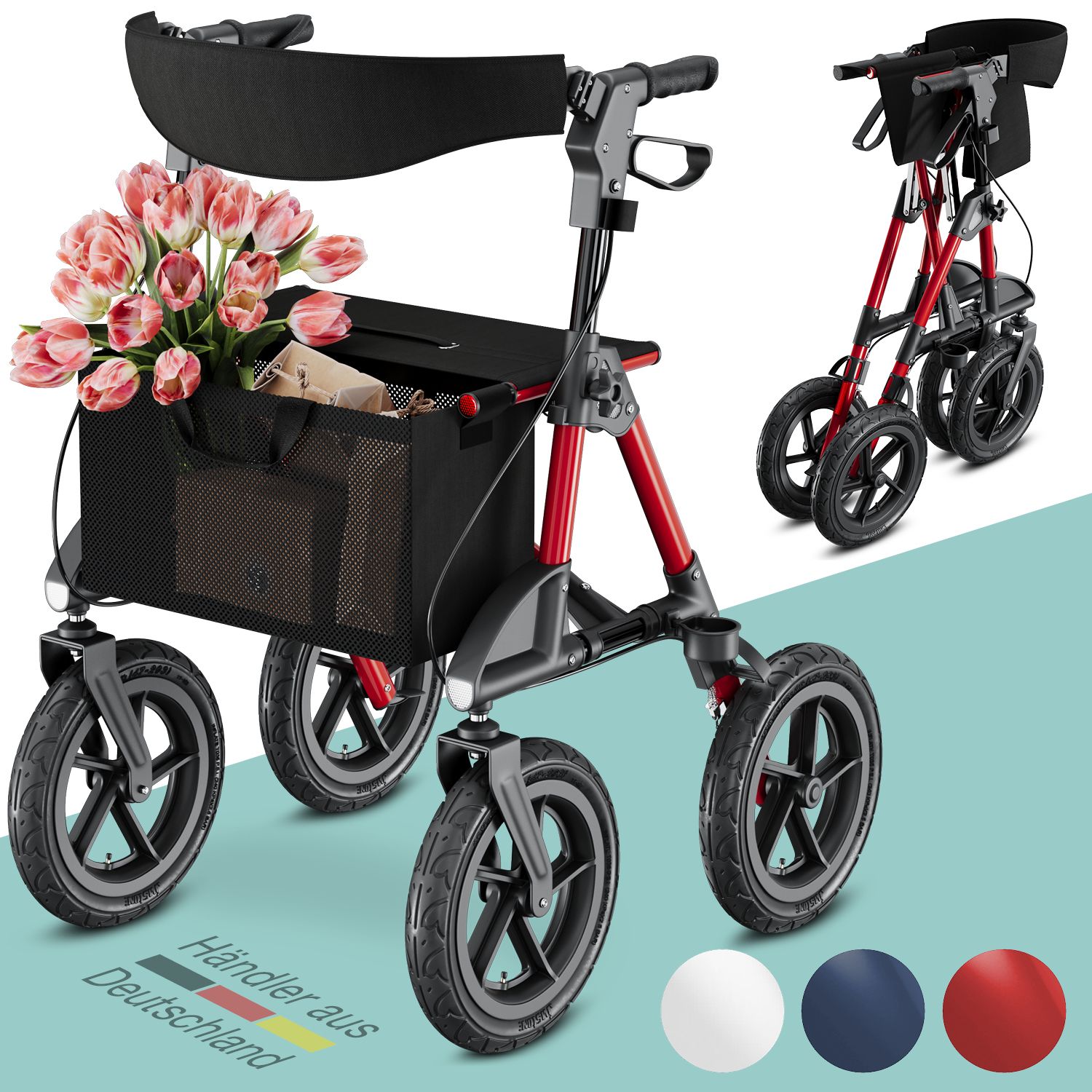 Rollator mit rotem Rahmen, schwarzem Korb, Sitzfläche und Luftbereifung. Mit Blumen gefüllt. Flagge "Händler aus Deutschland".