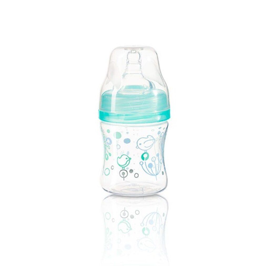 Babyflasche mit mintfarbenen Elementen und Vogelmuster. Transparenter Behälter mit Schnuller und Schraubverschluss.