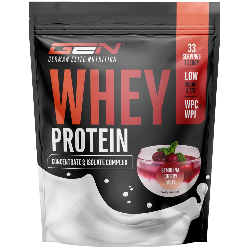 GEN Whey Protein Komplex. Schwarze Verpackung mit Produktinformationen. 33 Portionen. Low Sugar & Fat. WPC & WPI. Geschmack: Semolina Cherry Taste.