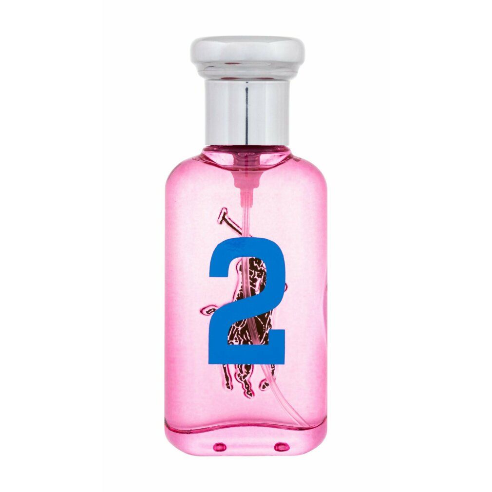 Rosa Flakon mit blauem "2" Logo. Silberner Deckel. Sprühvorrichtung. Durchsichtiges Glas.