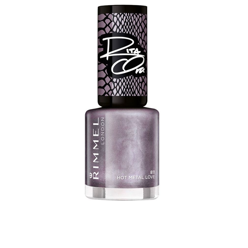 Nagellackflasche mit schwarzem Deckel. Aufschrift: Rimmel London, 811 Hot Metal Love. Farbe: metallisches Lila.