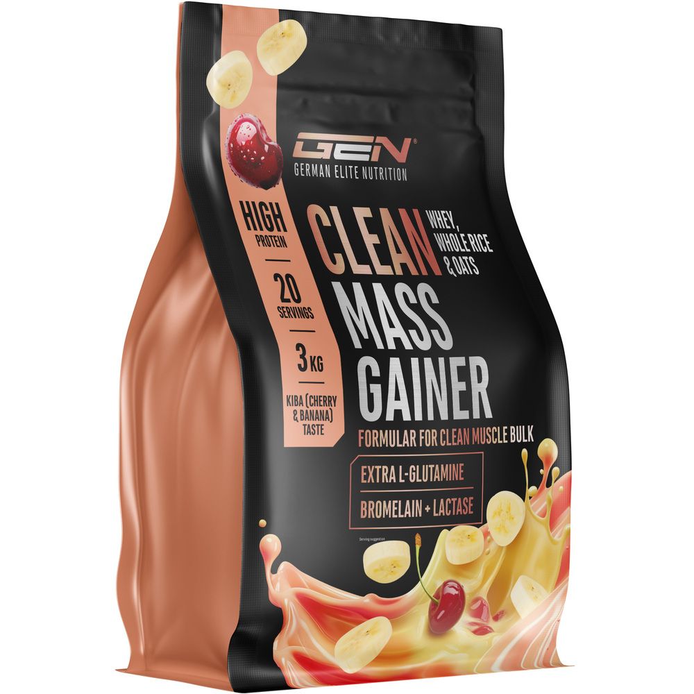 Schwarze Tüte mit GEN Clean Mass Gainer. Enthält 3 kg, 20 Portionen. Geschmack: Kirsche & Banane. Enthält Molke, Reis, Hafer. Mit L-Glutamin.
