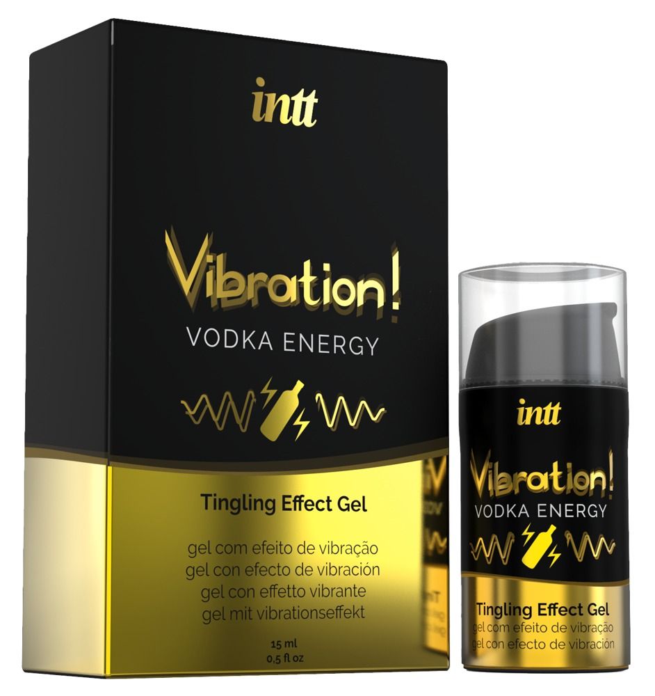 Produktverpackung und Flasche. Aufschrift: INTT, Vibration! Vodka Energy, Tingling Effect Gel. 15 ml.