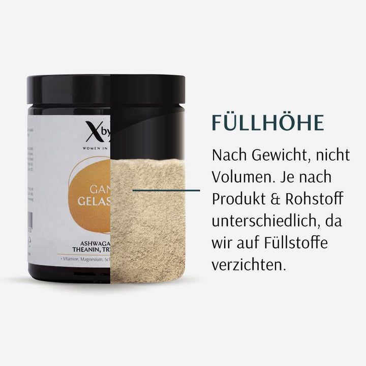 Produkt Ganz Gelassen, teilweise geöffnet. Text: Füllhöhe. Nach Gewicht, nicht Volumen. Je nach Produkt & Rohstoff unterschiedlich.