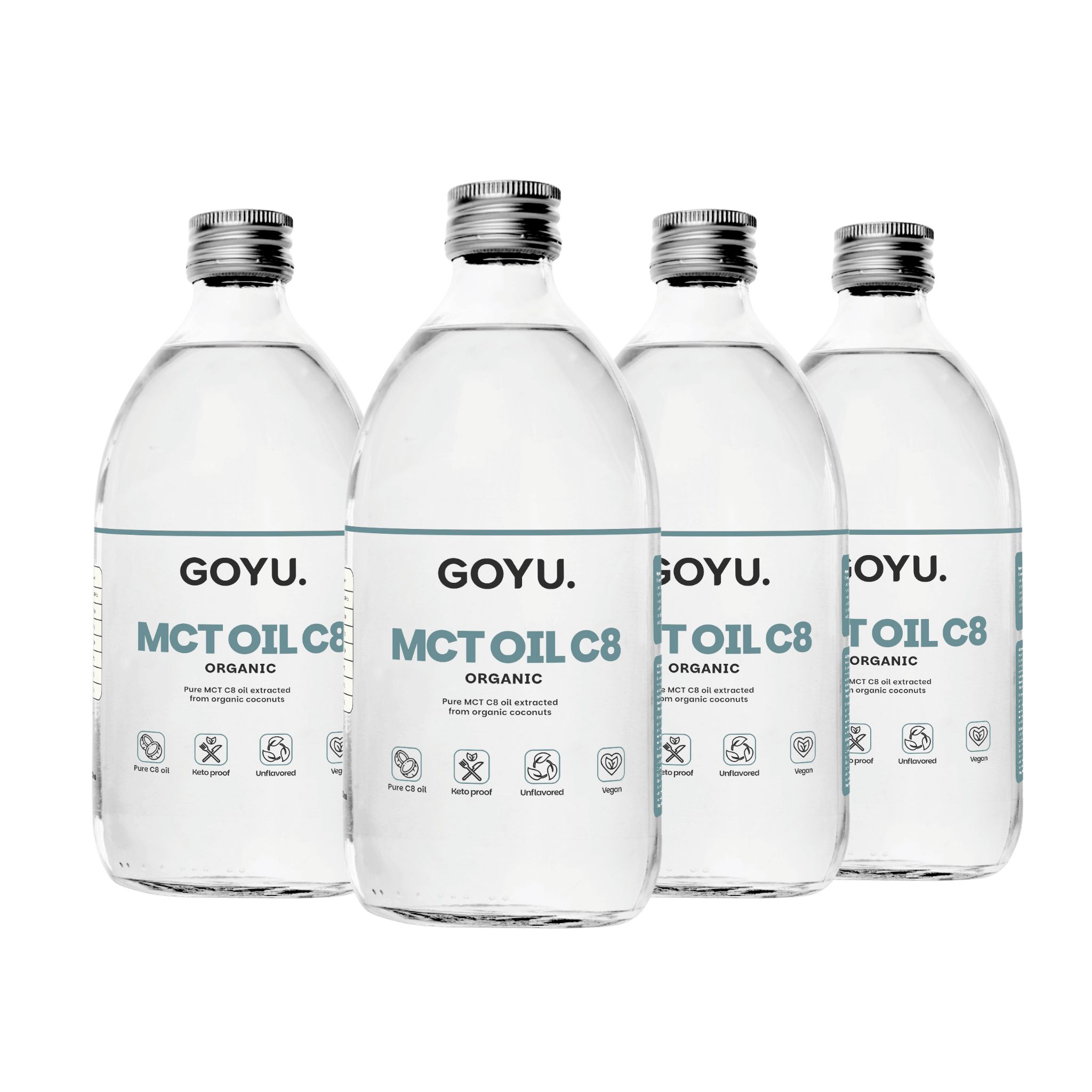 Vier Flaschen GOYU MCT OIL C8. Klare Flüssigkeit, silberner Deckel. Aufschrift: ORGANIC.