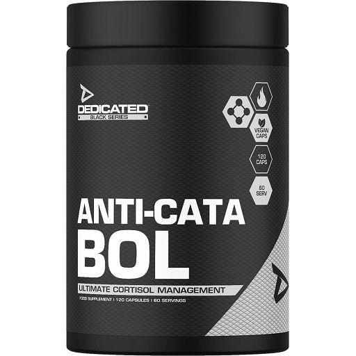 Schwarze Dose mit weißer Aufschrift. "Dedicated" und "Anti-Cata-Bol" sind sichtbar. Vegan-Kapseln, 120 Kapseln, 60 Portionen.