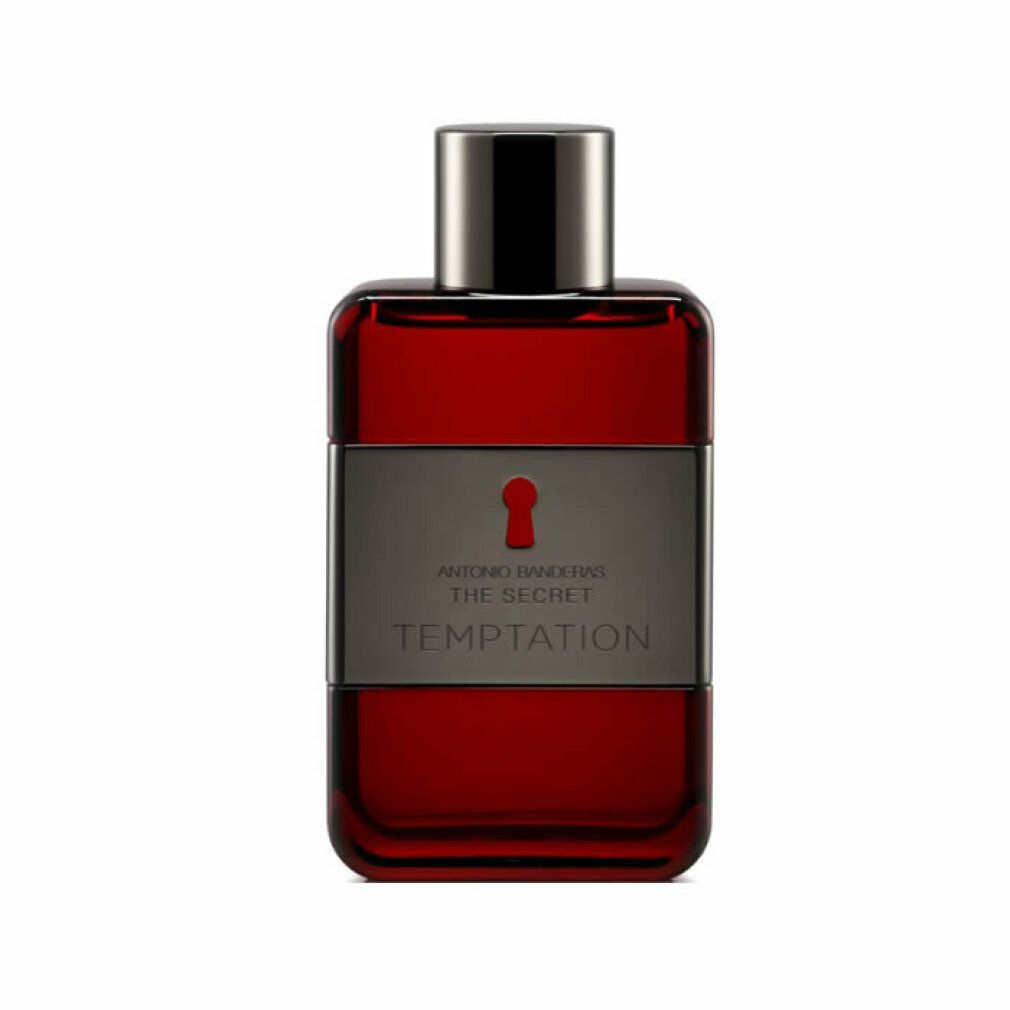 Roter Flakon mit silbernem Verschluss. Aufschrift: The Secret Temptation. Marke: Antonio Banderas. Eau de Toilette.