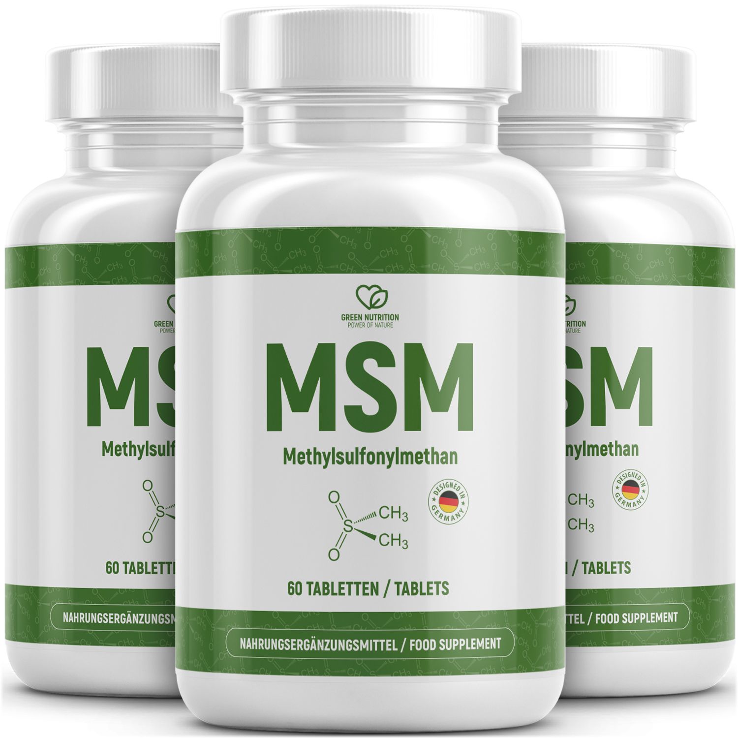 Drei weiße Flaschen mit grünen Etiketten. Aufschrift: MSM Methylsulfonylmethan, 60 Tabletten. Mit deutschem Qualitätssiegel.