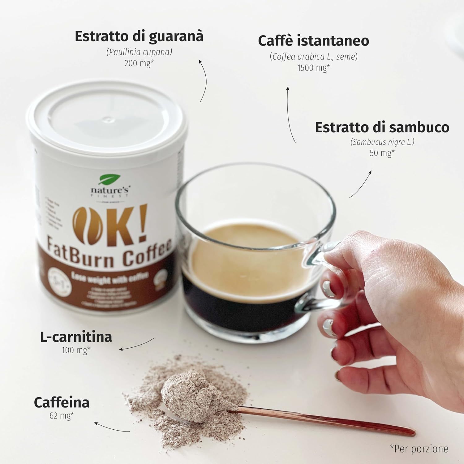 Produktdose, Kaffeepulver, Kaffeetasse und Zutaten. Beschriftung: Guarana-Extrakt, Instantkaffee, Holunder-Extrakt, L-Carnitin, Koffein.