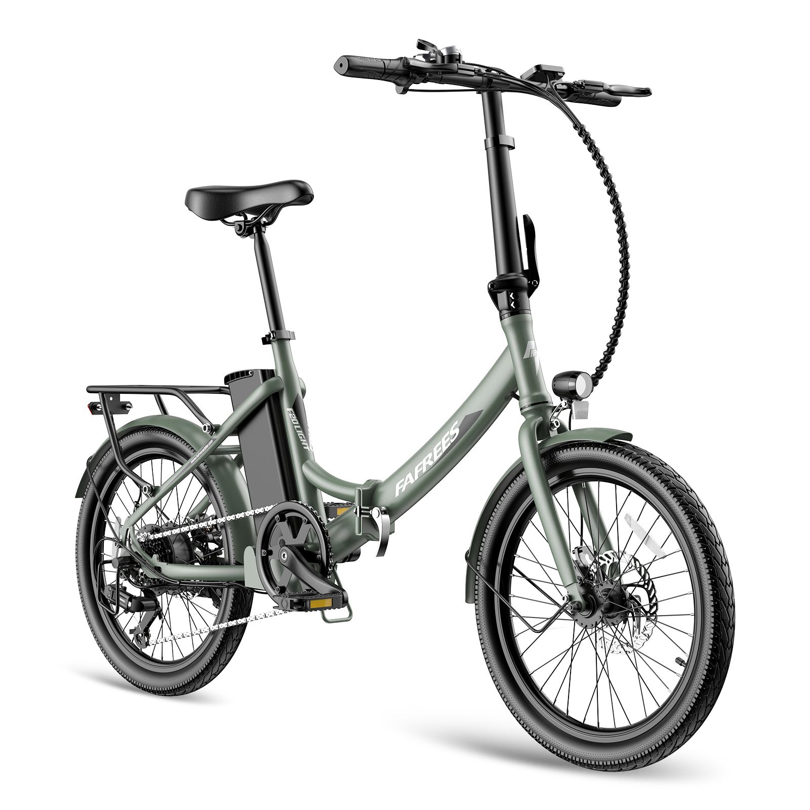 Hellgrünes Fafrees F20Light E-Bike. Klapprahmen, Gepäckträger, Schutzbleche. Schwarze Reifen und Sattel. Akku am Rahmen.