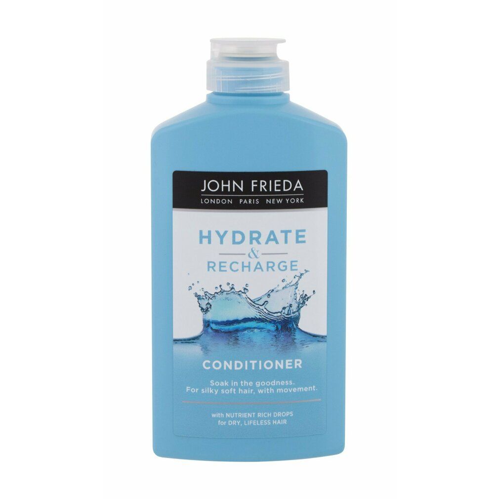 Hellblaue Flasche John Frieda Hydrate & Recharge Conditioner. Etikett mit Wasser-Grafik. Aufschrift: Conditioner.