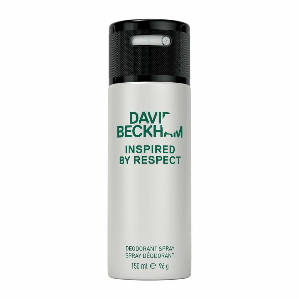 Deodorant-Spray. Weißer Behälter, schwarzer Deckel. Aufschrift: DAVID BECKHAM INSPIRED BY RESPECT. 150 ml.