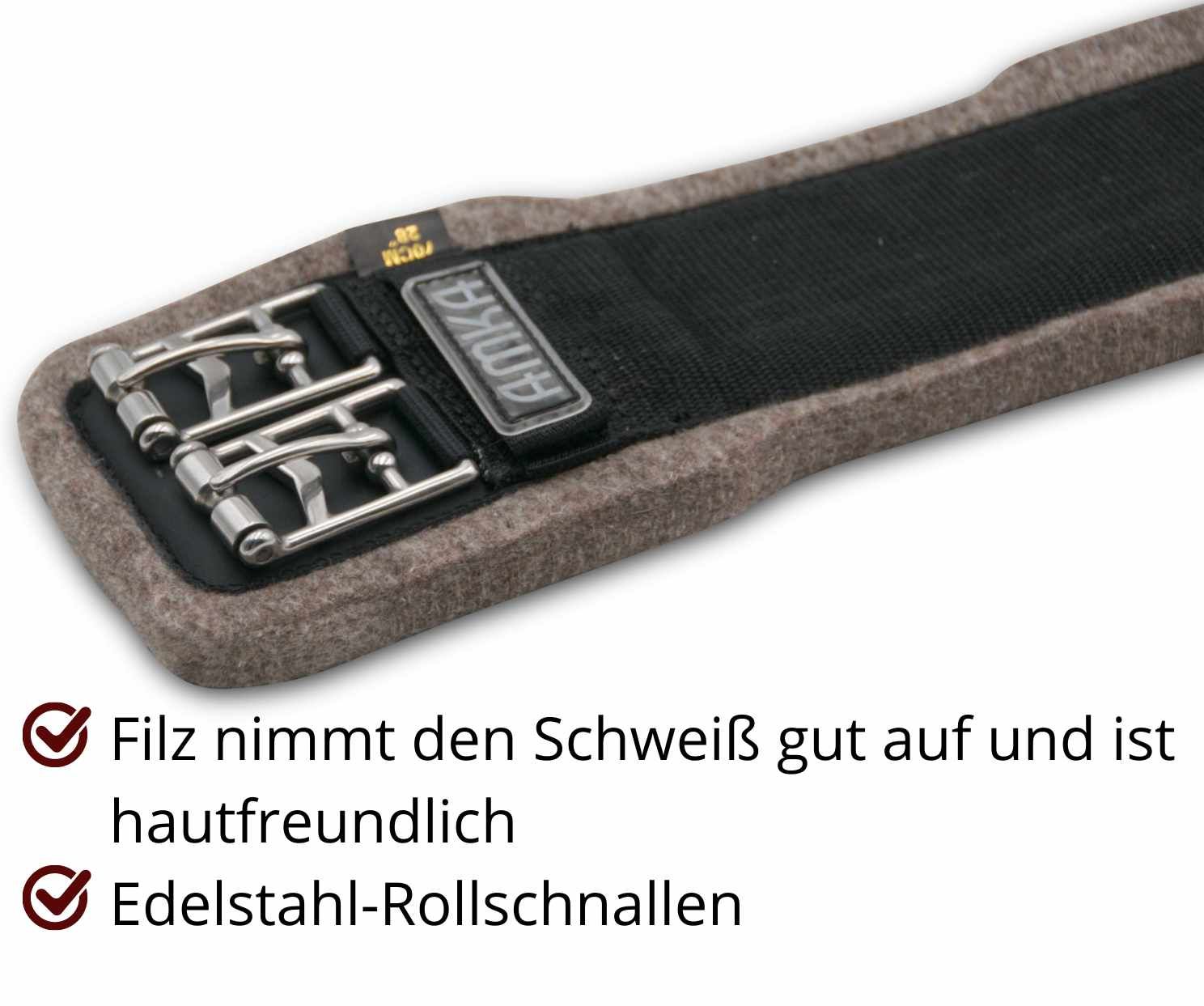 Kurzgurt mit AMKA-Logo. Grauer Filz, schwarzes Innenband, Edelstahlschnallen. Text: Filz nimmt Schweiß auf, hautfreundlich.