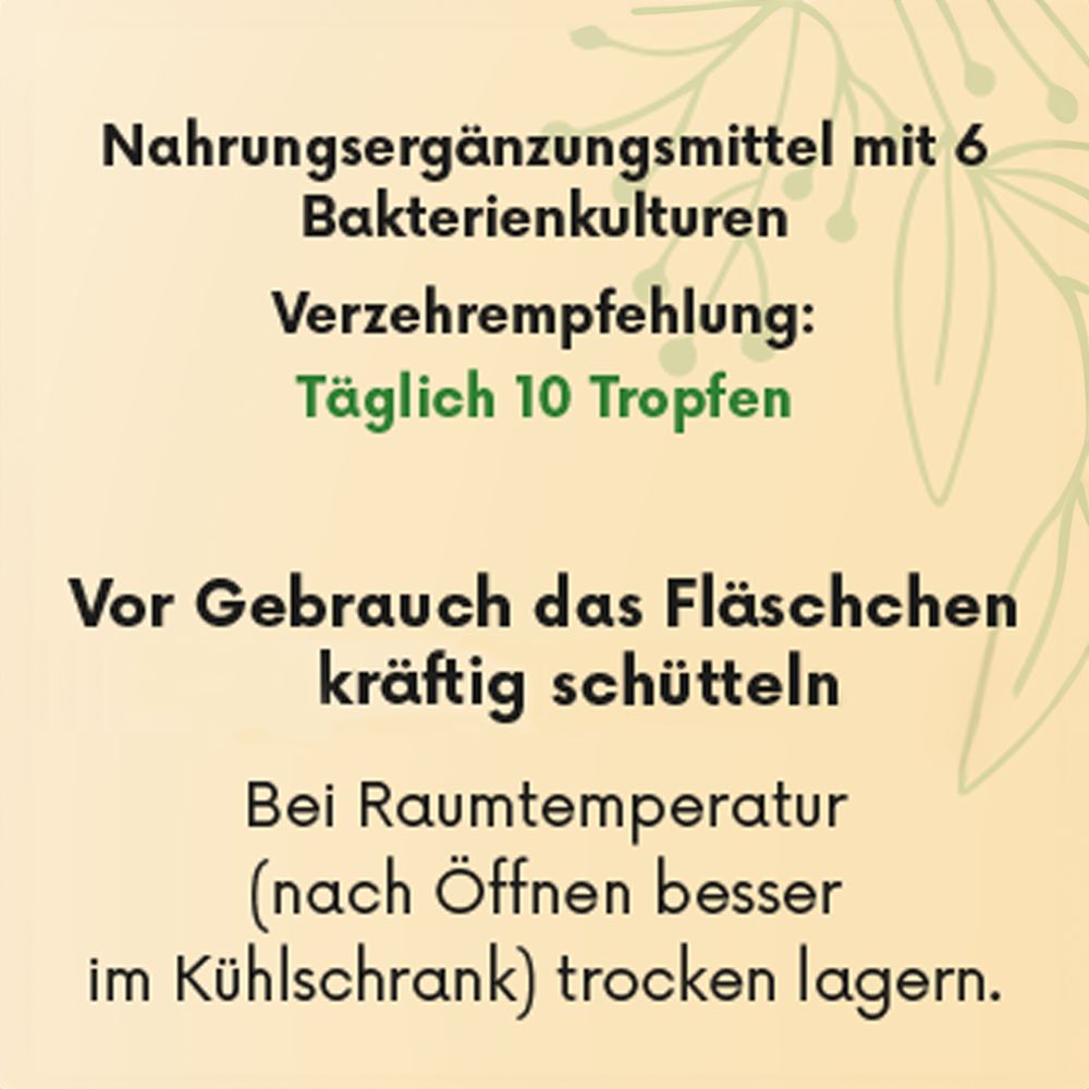 Text mit Anwendungshinweisen für BONAVAL Lacti & Bacti. Empfehlung: Täglich 10 Tropfen. Vor Gebrauch schütteln. Kühl lagern.