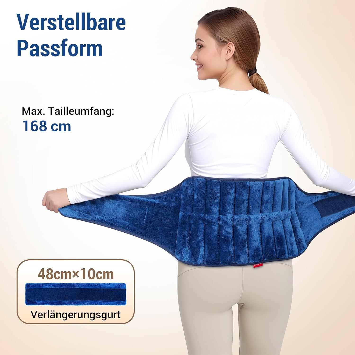 Blauer Heizgurt für den unteren Rücken, verstellbar bis 168 cm Taillenumfang.