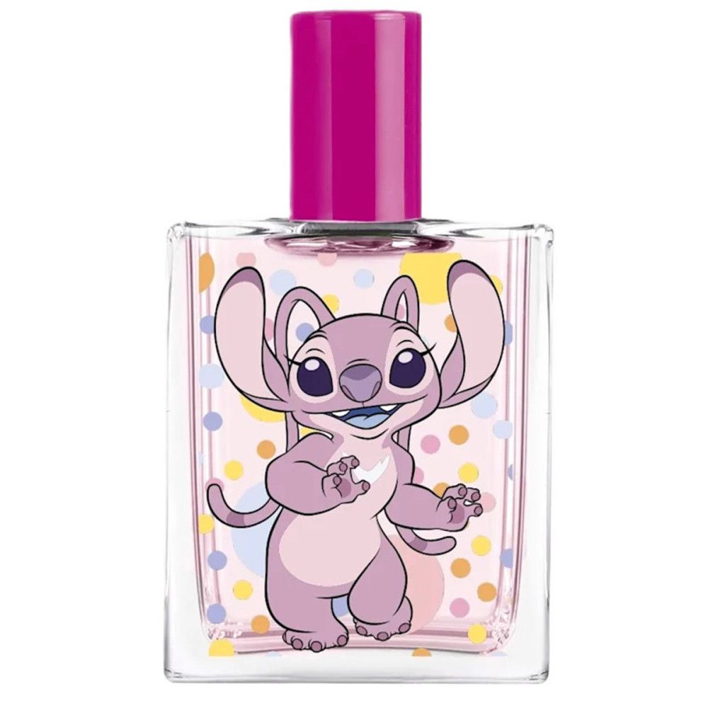 Rechteckige Flasche Eau de Toilette mit Stitch-Illustration. Pinkfarbener Verschluss. Hintergrund mit bunten Punkten.