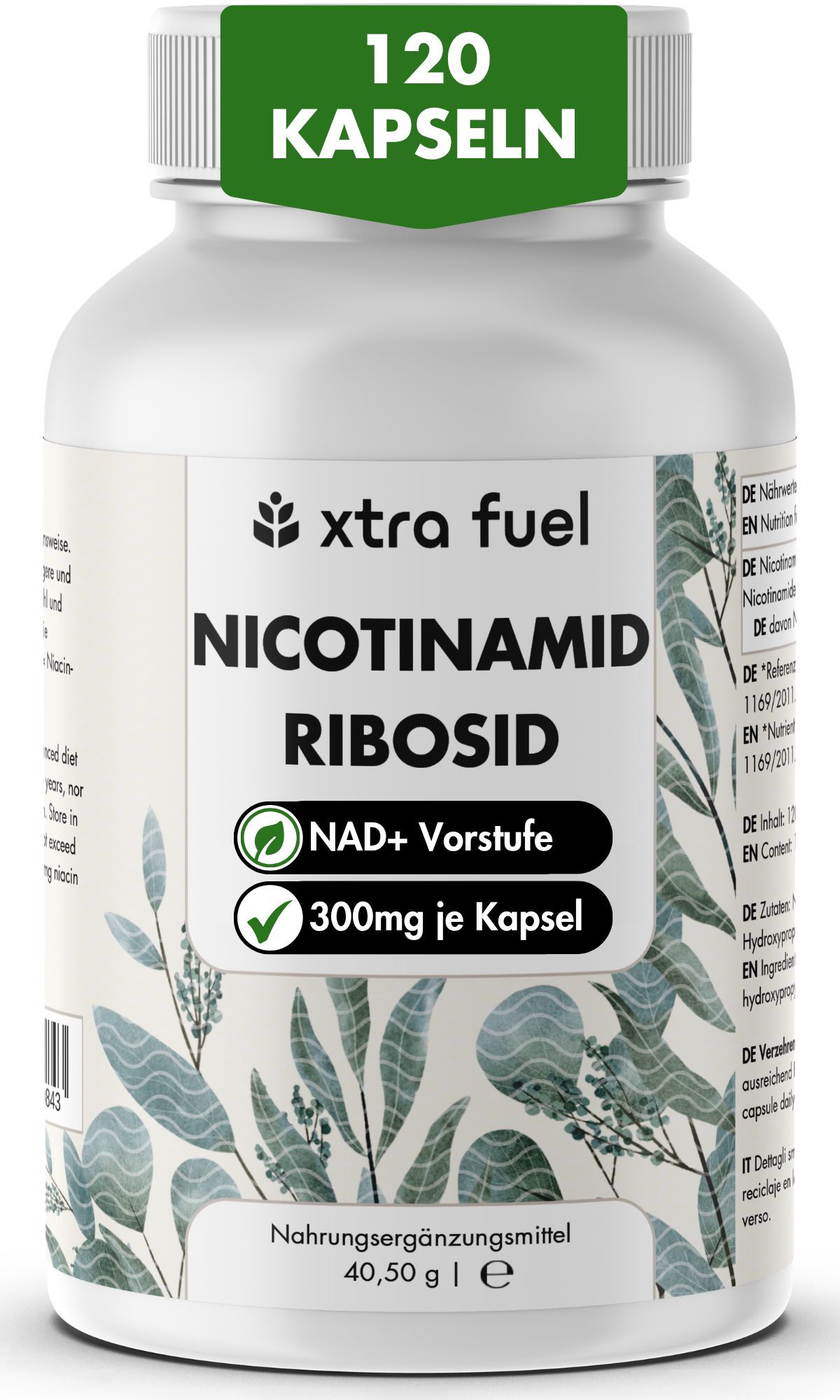 Weiße Flasche mit 120 Kapseln. Aufschrift: Nicotinamid Ribosid, NAD+ Vorstufe, 300mg je Kapsel. Marke: Xtra Fuel.