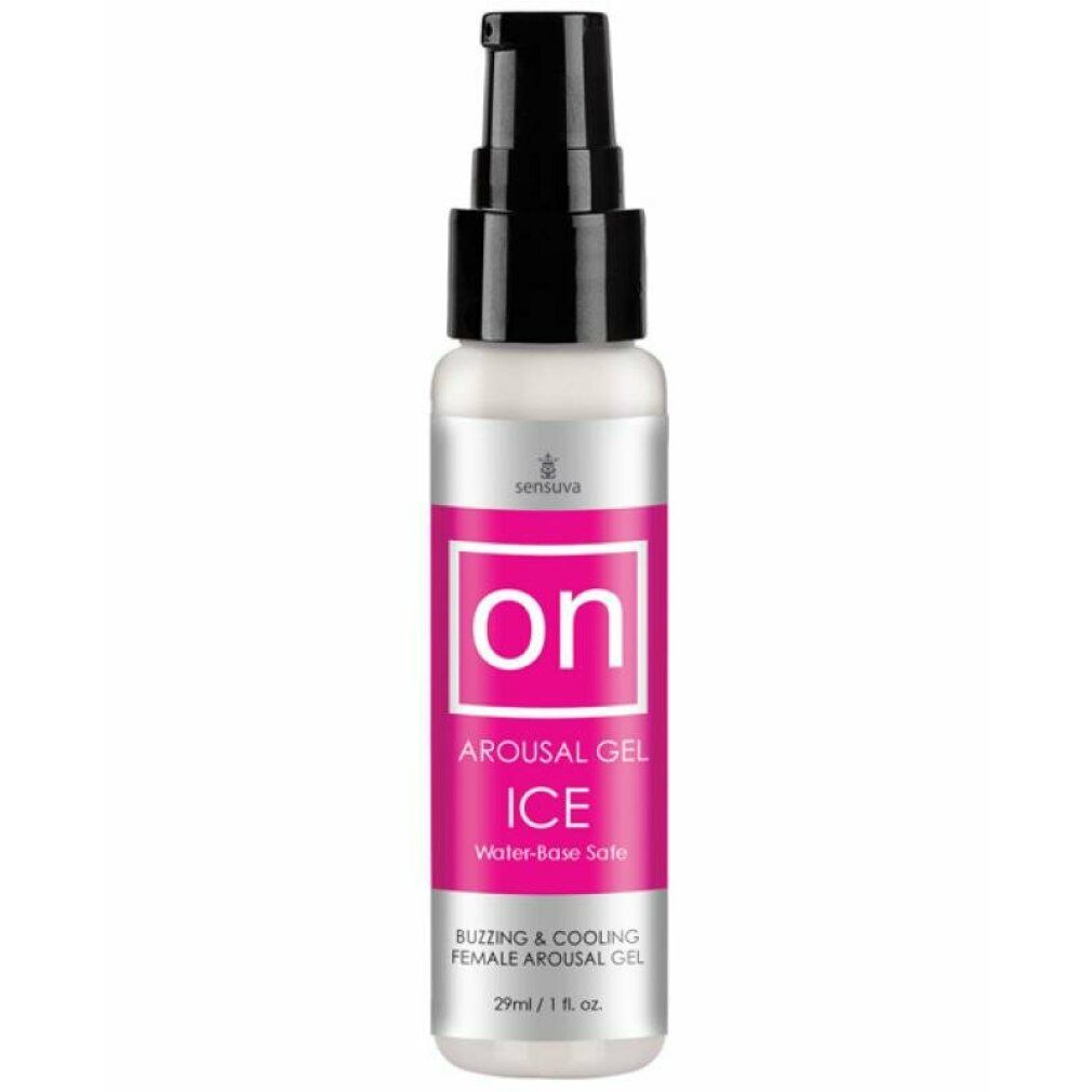 Transparenter Flakon mit schwarzem Pumpkopf. Pinkfarbene Aufschrift "on". "Arousal Gel ICE".