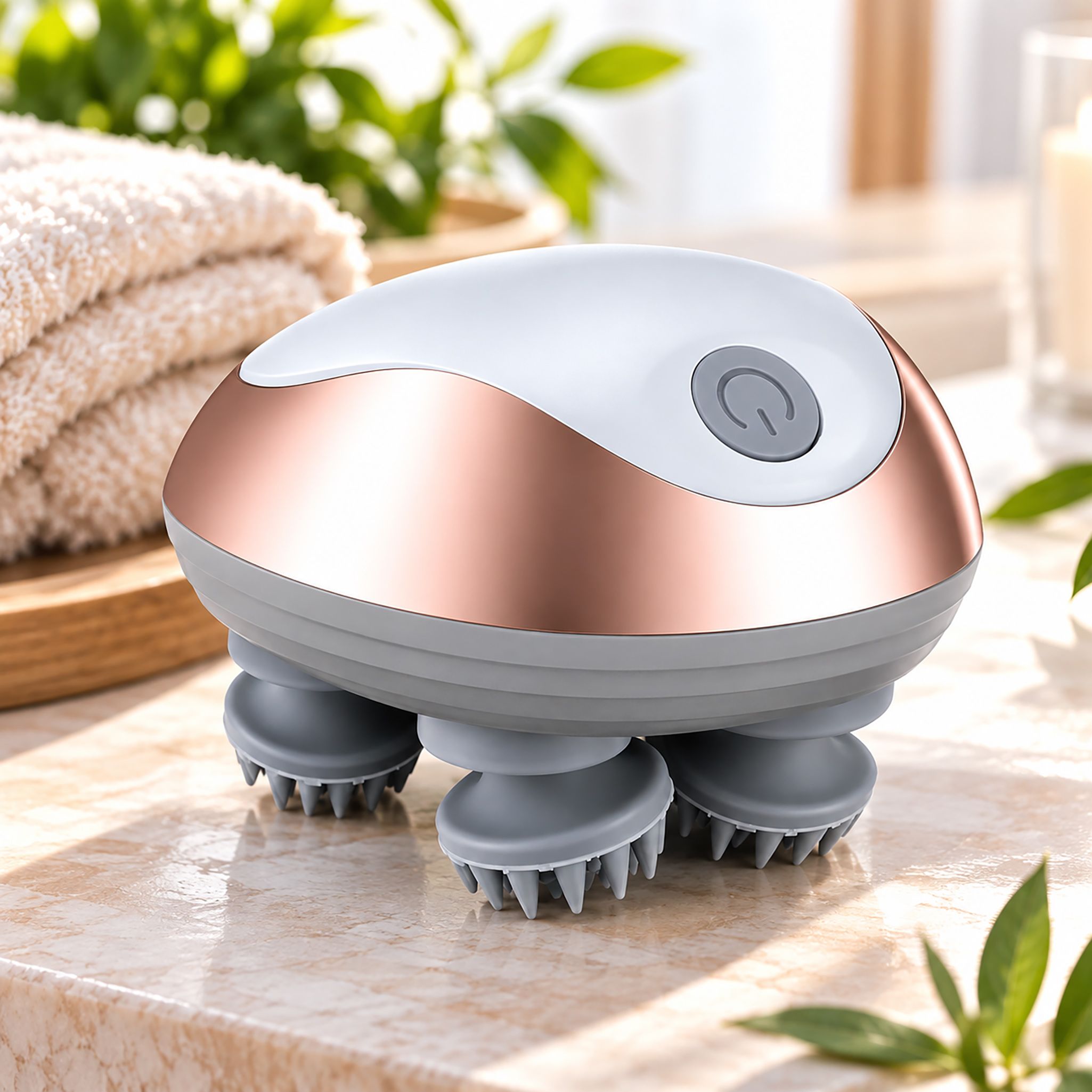 Kompaktes, weiß-roségoldenes Kopfmassagegerät mit vier flexiblen Massagearmen.
