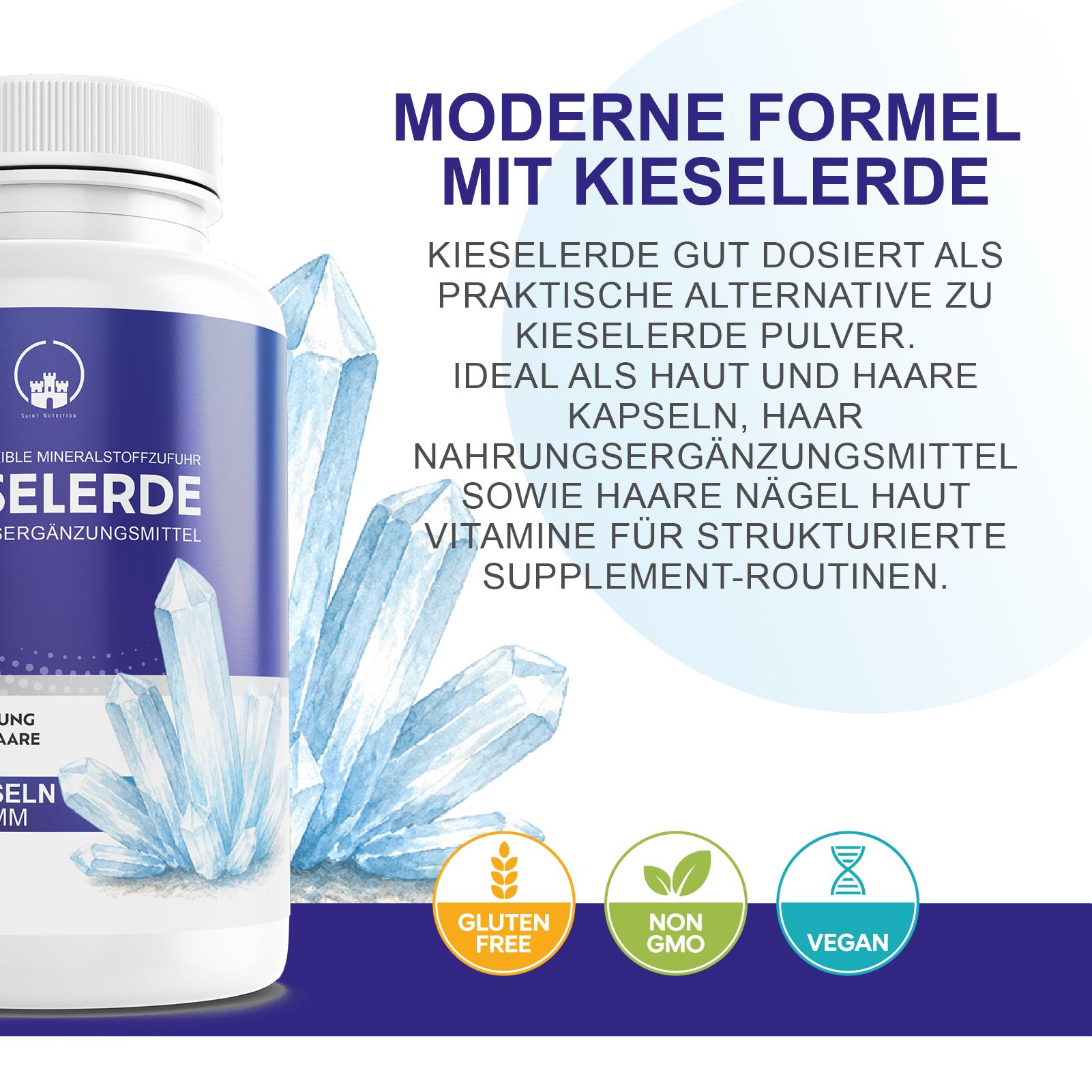 Weiße Flasche mit blauer Beschriftung. Kieselerde Kapseln. Glutenfrei, Non-GMO, Vegan. Ideal für Haut und Haare.