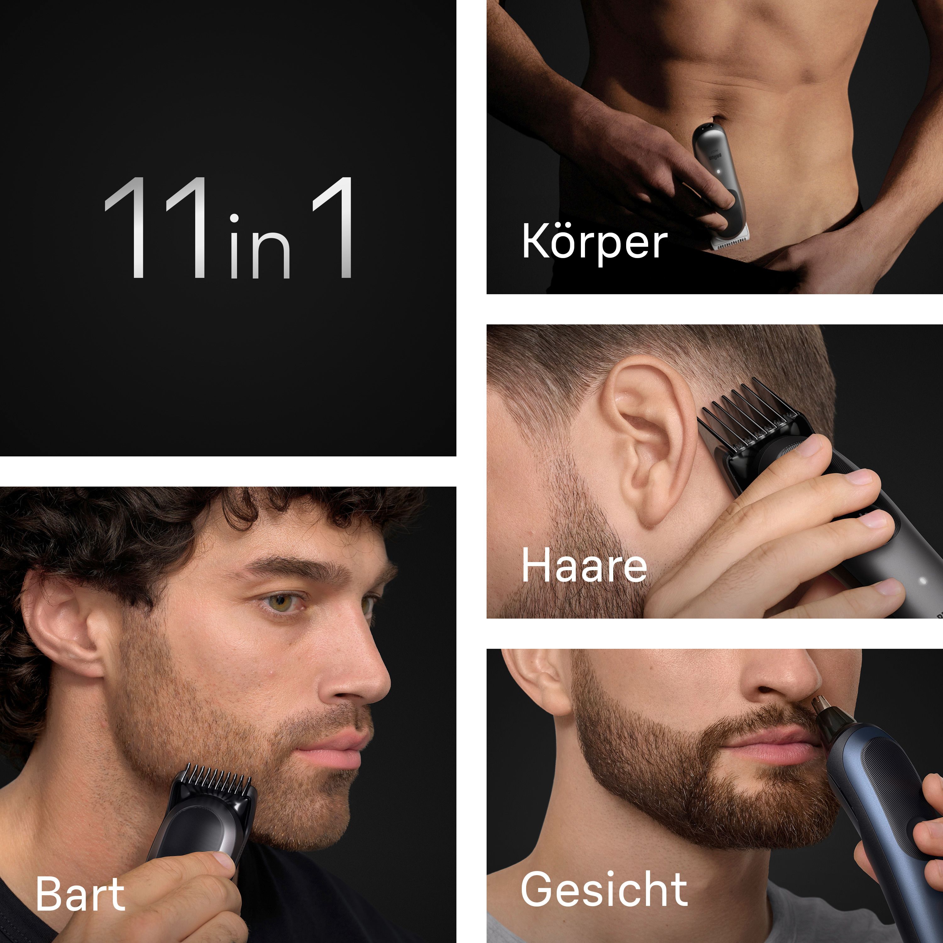 Anwendungsbeispiele des Trimmers: Bart, Haare, Gesicht, Körper. Text: 11 in 1.