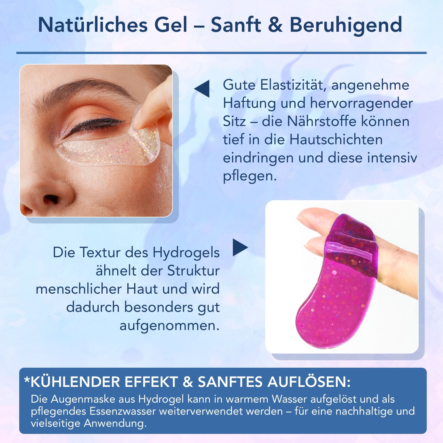 Nahaufnahme von Augenpads. Textur des Hydrogels. Illustration von Augenpads. Text: KÜHLE EFFEKT & SANFTES AUFLÖSEN.
