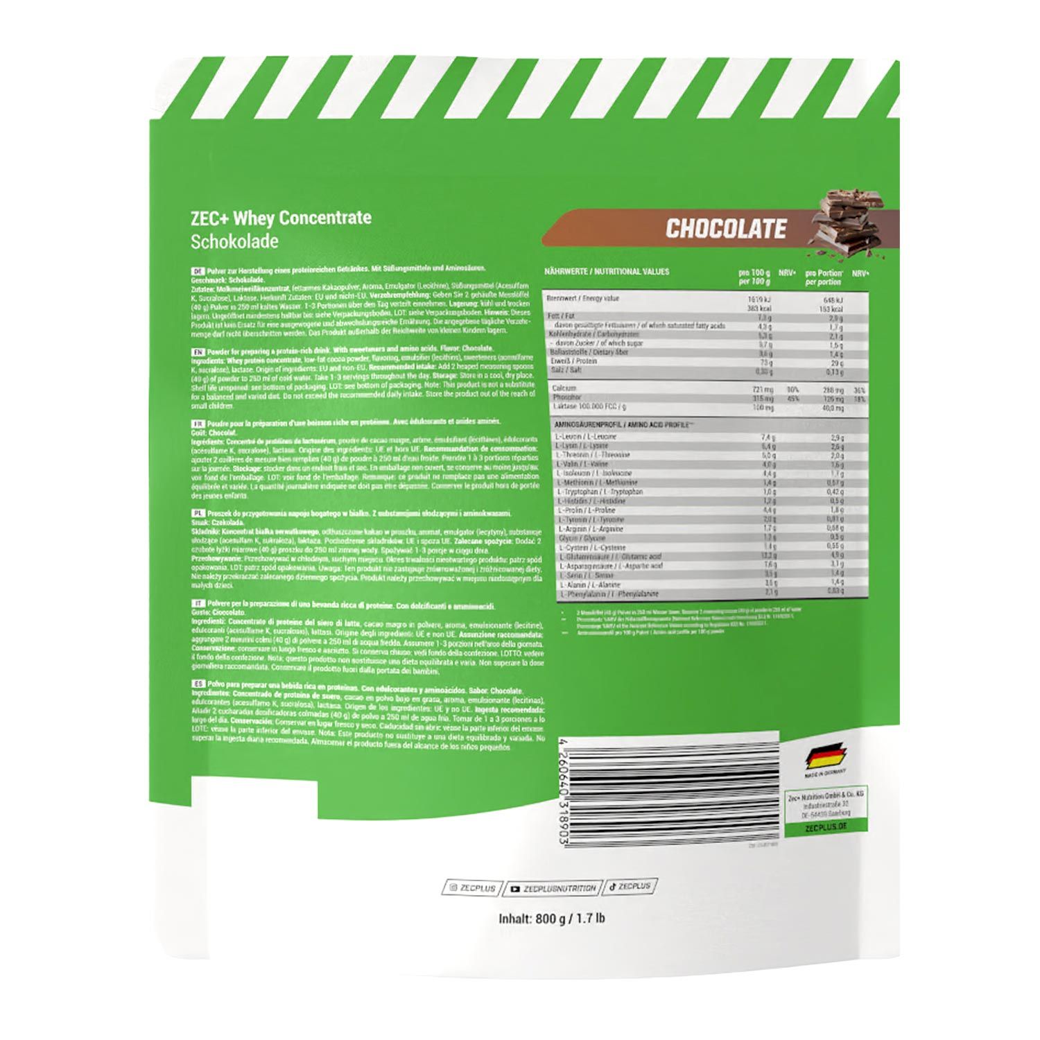 Rückseite der ZEC+ Whey Concentrate Schokolade Verpackung. Enthält Nährwertangaben und Text in verschiedenen Sprachen.