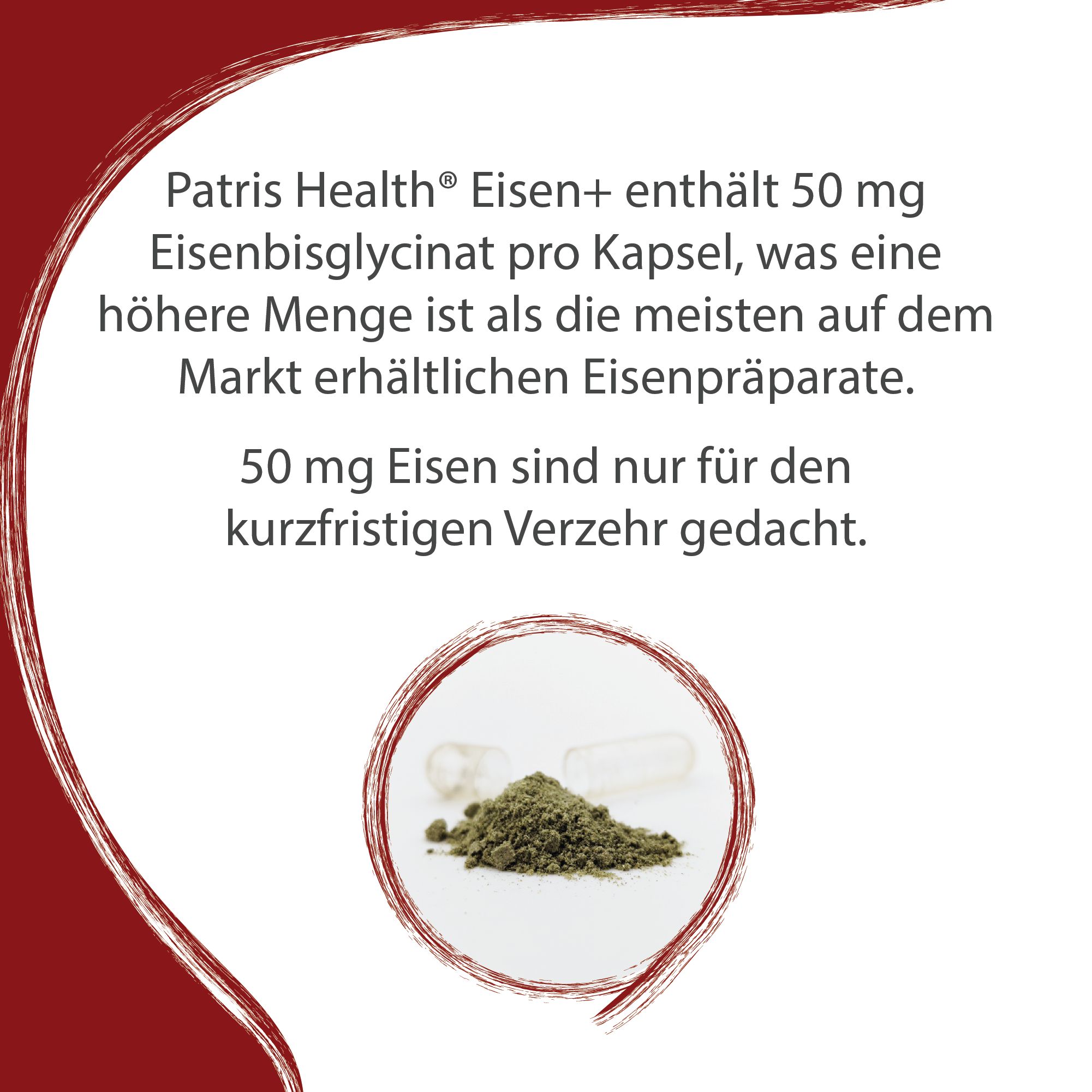 Text über Eisen+ 50 mg. Text: Enthält 50 mg Eisenbisglycinat pro Kapsel. 50 mg Eisen sind nur für kurzfristigen Verzehr gedacht.