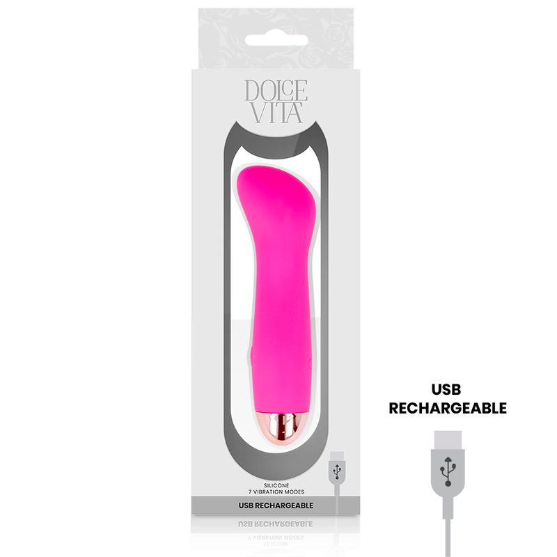Pinkfarbener Silikon-Vibrator in Verpackung. Marke Dolce Vita. USB-Ladeanschluss. Text: USB RECHARGEABLE.