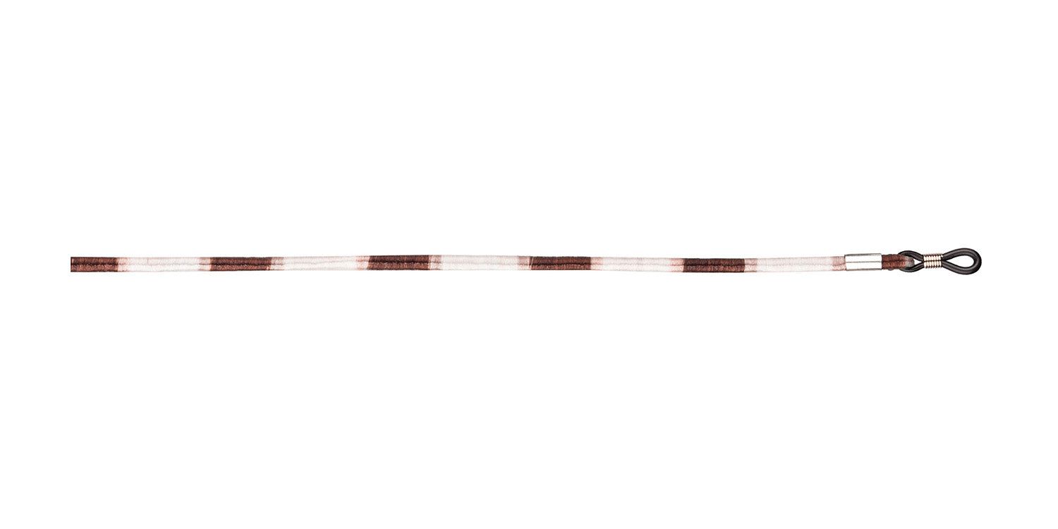 Brillenband, weiß-braun gestreift. Enden mit schwarzen Schlaufen. Metallringe zur Befestigung.