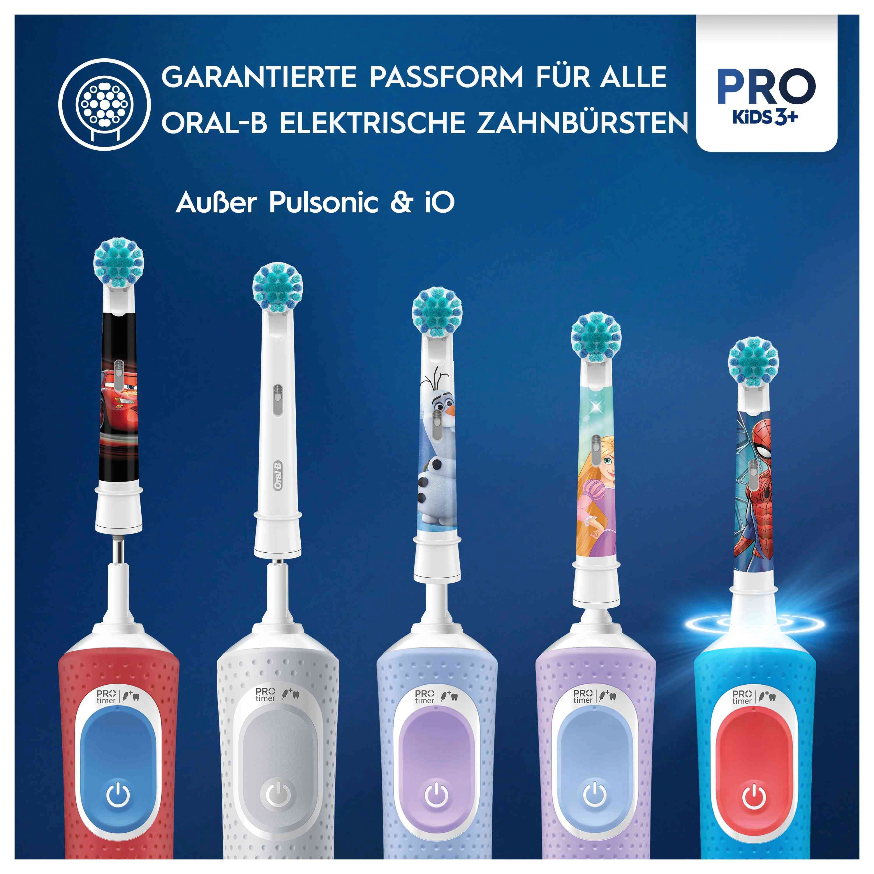 Verschiedene elektrische Zahnbürsten mit verschiedenen Aufsteckbürsten. Text: Garantierte Passform für alle Oral-B elektrische Zahnbürsten. Pro Kids 3+.