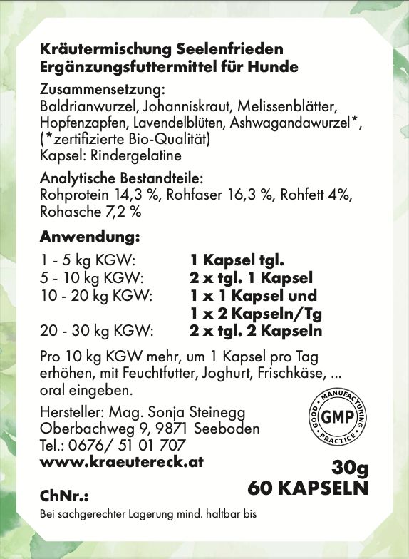 Etikett mit Produktinformationen, Inhaltsstoffen und Dosierungsanleitung. GMP-Siegel.