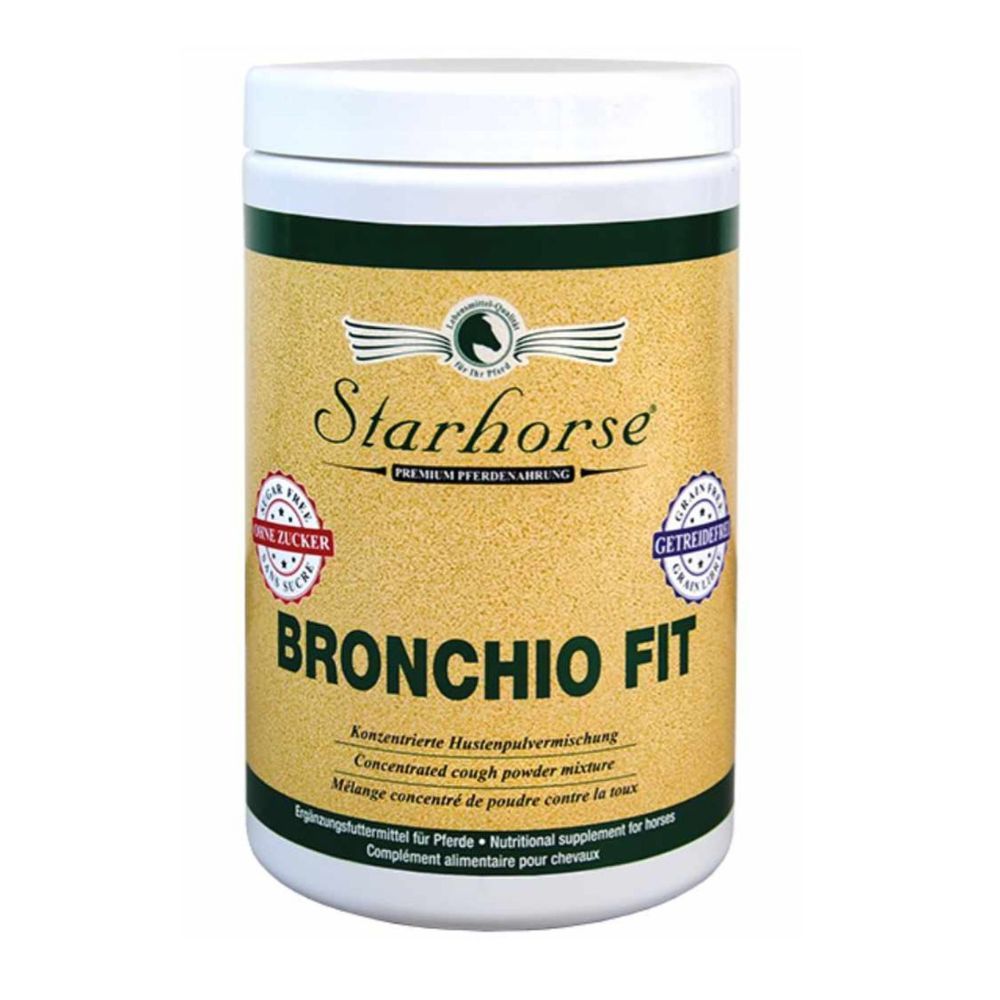 Behälter mit Starhorse Bronchio Fit. Weißer Deckel, brauner Hintergrund, grüne und rote Schrift. Aufschrift: Bronchio Fit.