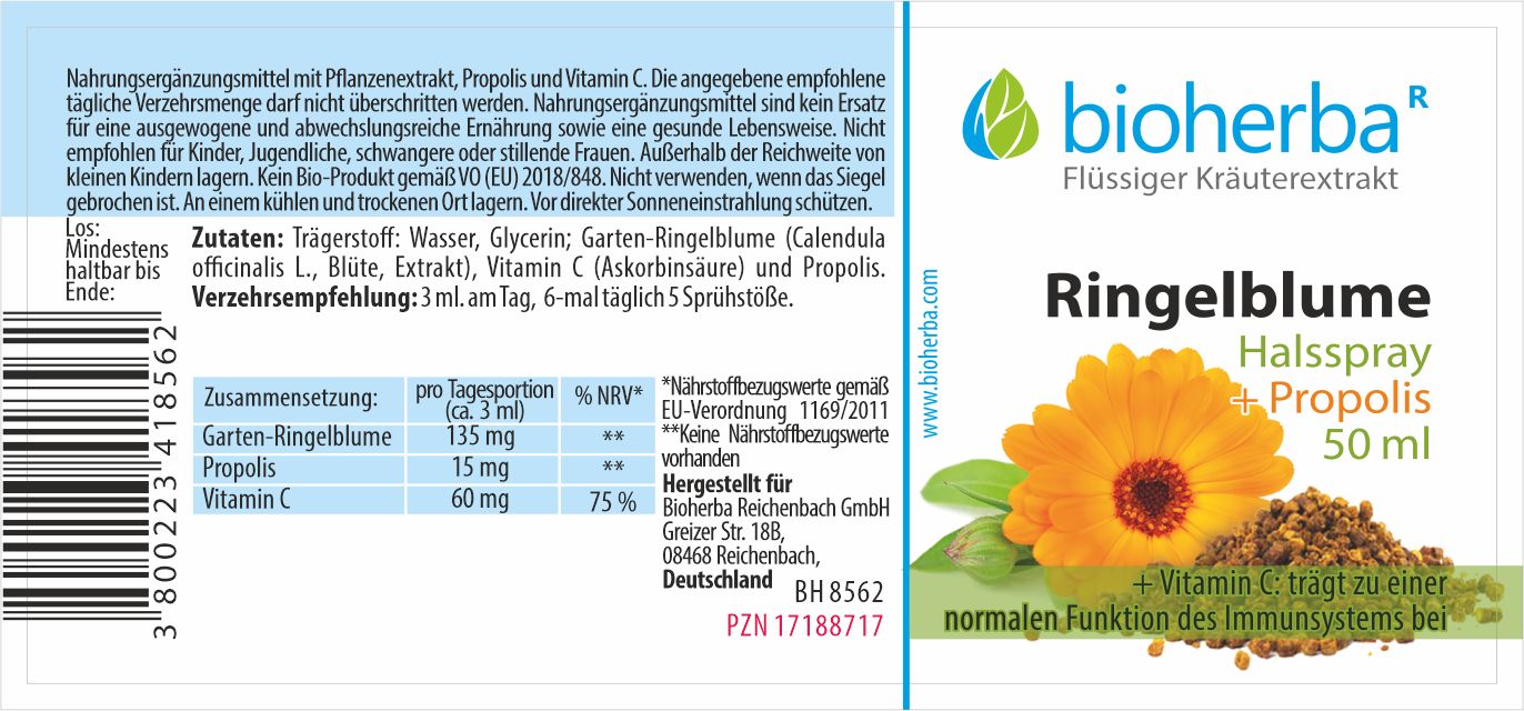Etikett mit Produktinformationen. Text: Bioherba, Ringelblume Halsspray Propolis, 50 ml. Zutaten, Nährwertangaben, Verzehrempfehlung.
