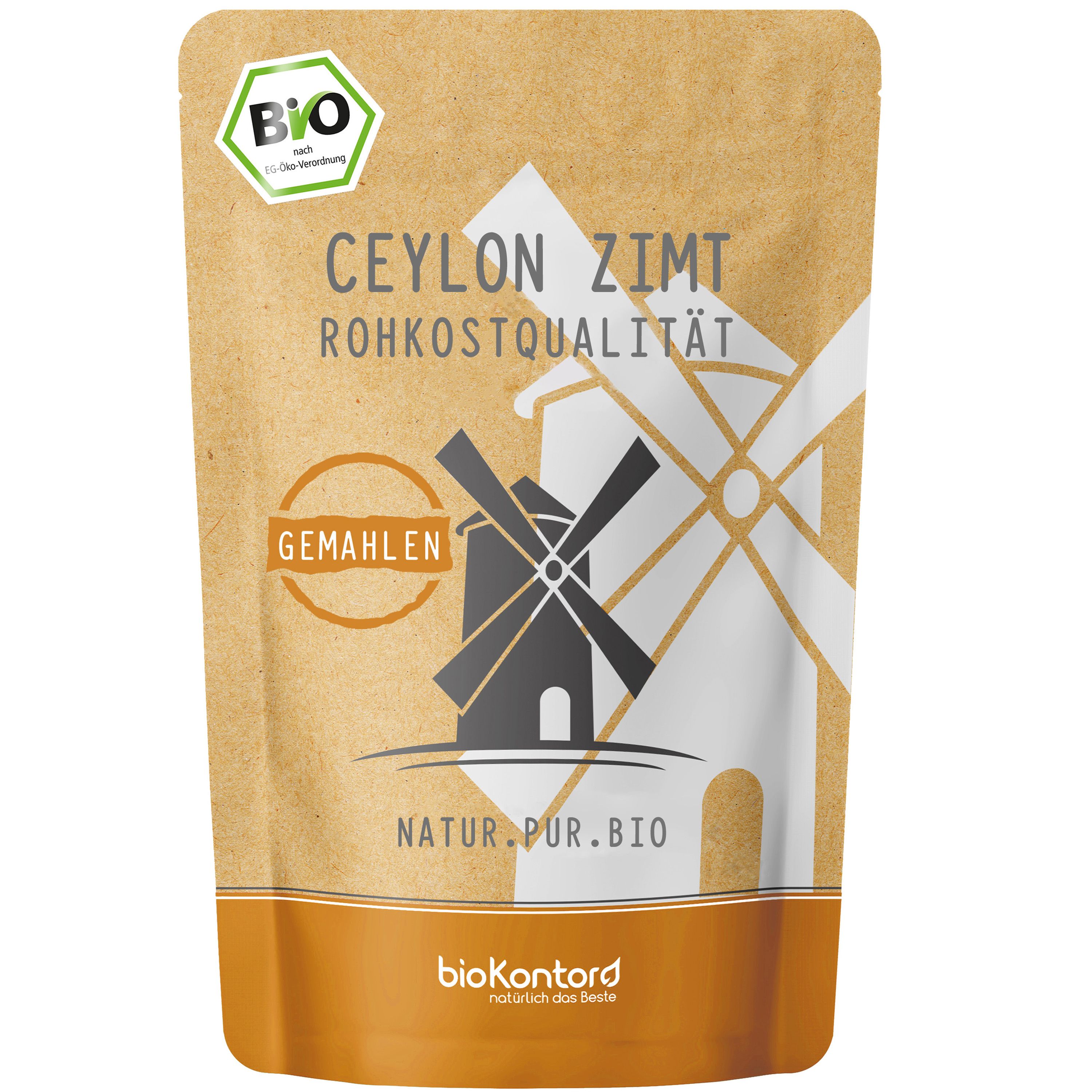 bioKontor Ceylon Zimt gemahlen in einem braunen Standbeutel mit Windmühlenmotiv und Bio-Siegel.