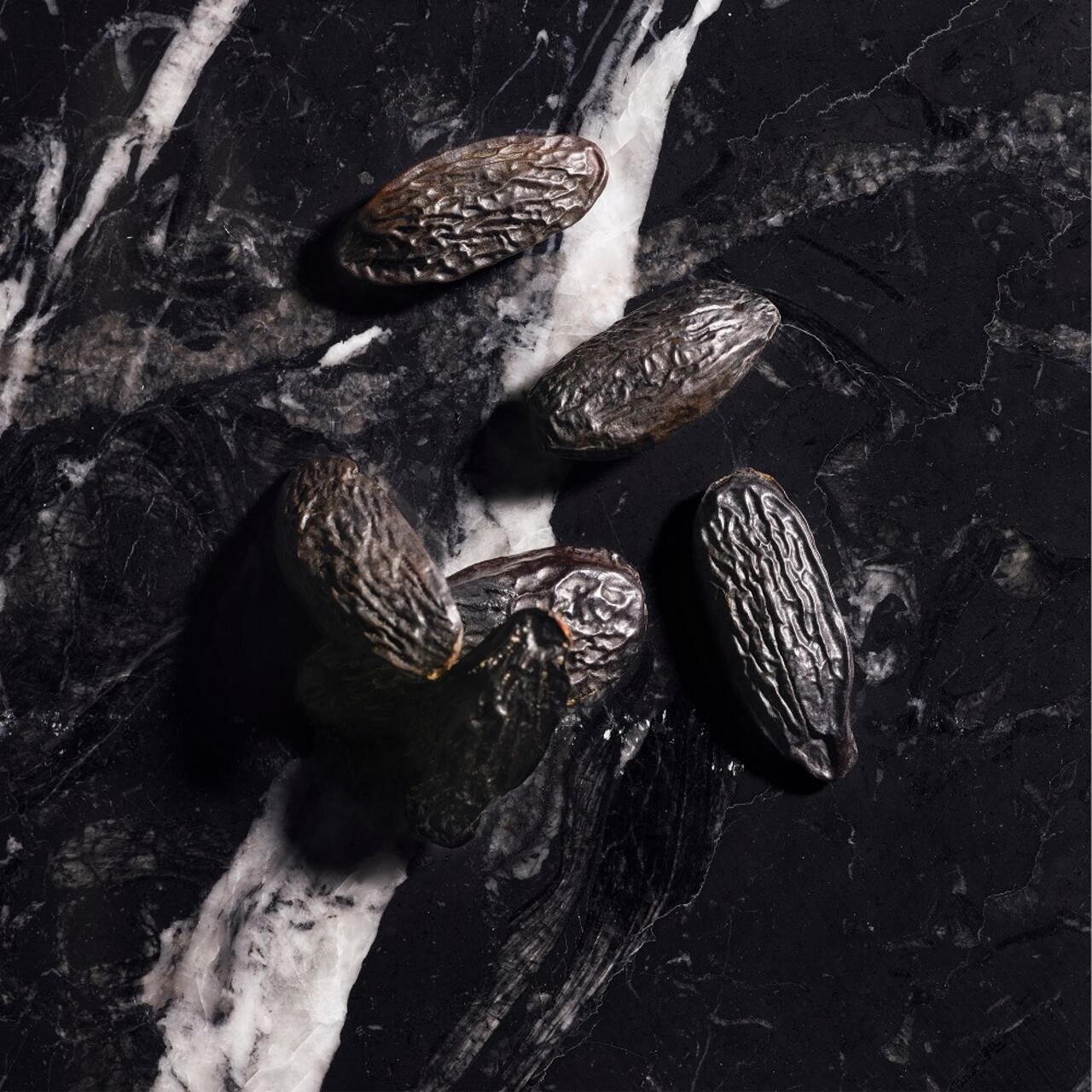 Fünf längliche, dunkle Samen auf schwarzem Marmor. Hintergrund ist schwarz-weiß marmoriert.